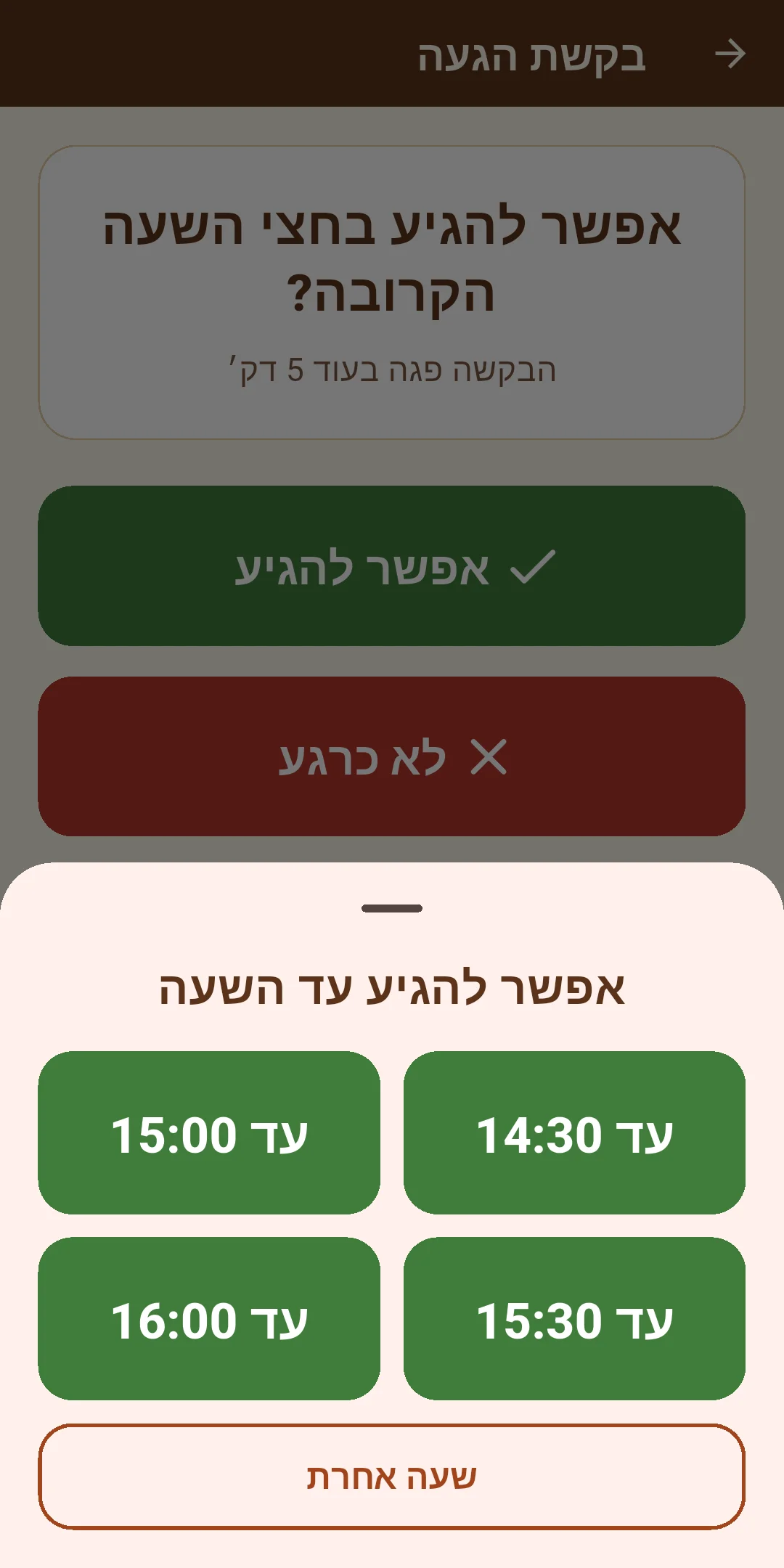 בחירת שעה בכפתורים גדולים לתשובה ללקוח